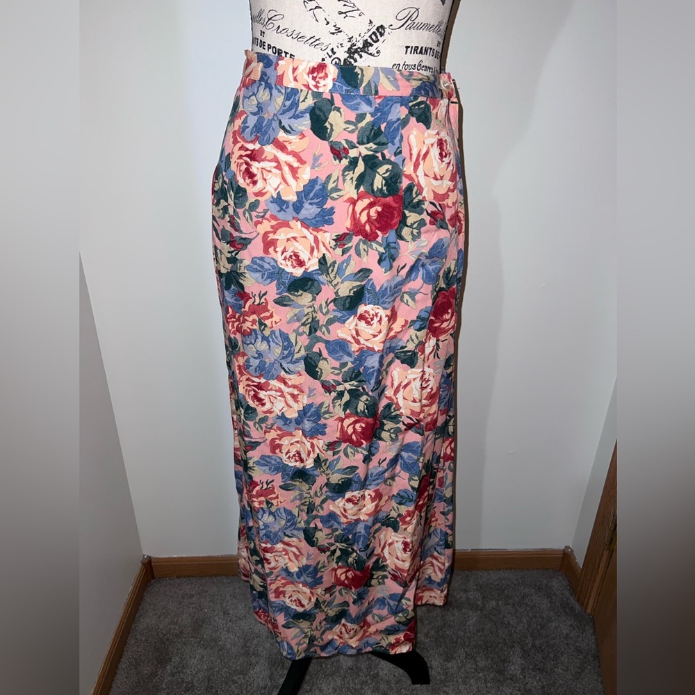 90s Vintage Crazy Horse Floral Pink Maxi Skirt/Rayon/Size 12